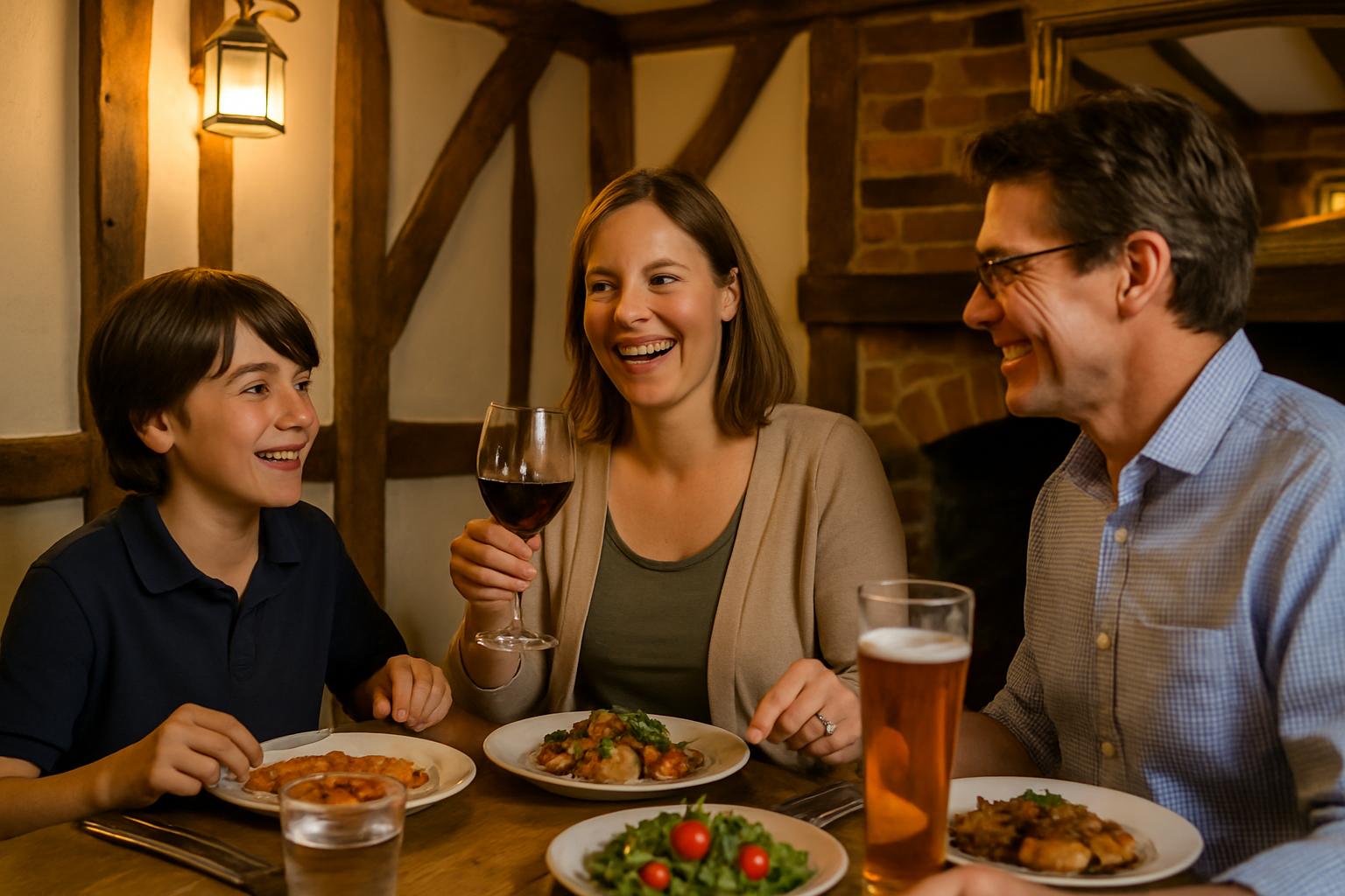 Family enjoying dinner at a cosy restaurant